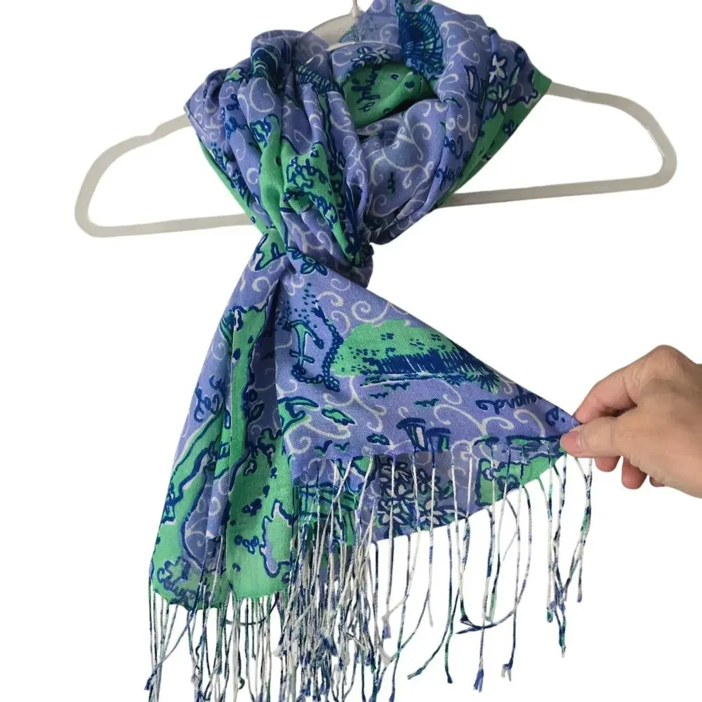 Lilly Pulitzer Retired Murfee Scarf Nantucket Islands Blue Print Silk‎ Cashmere
